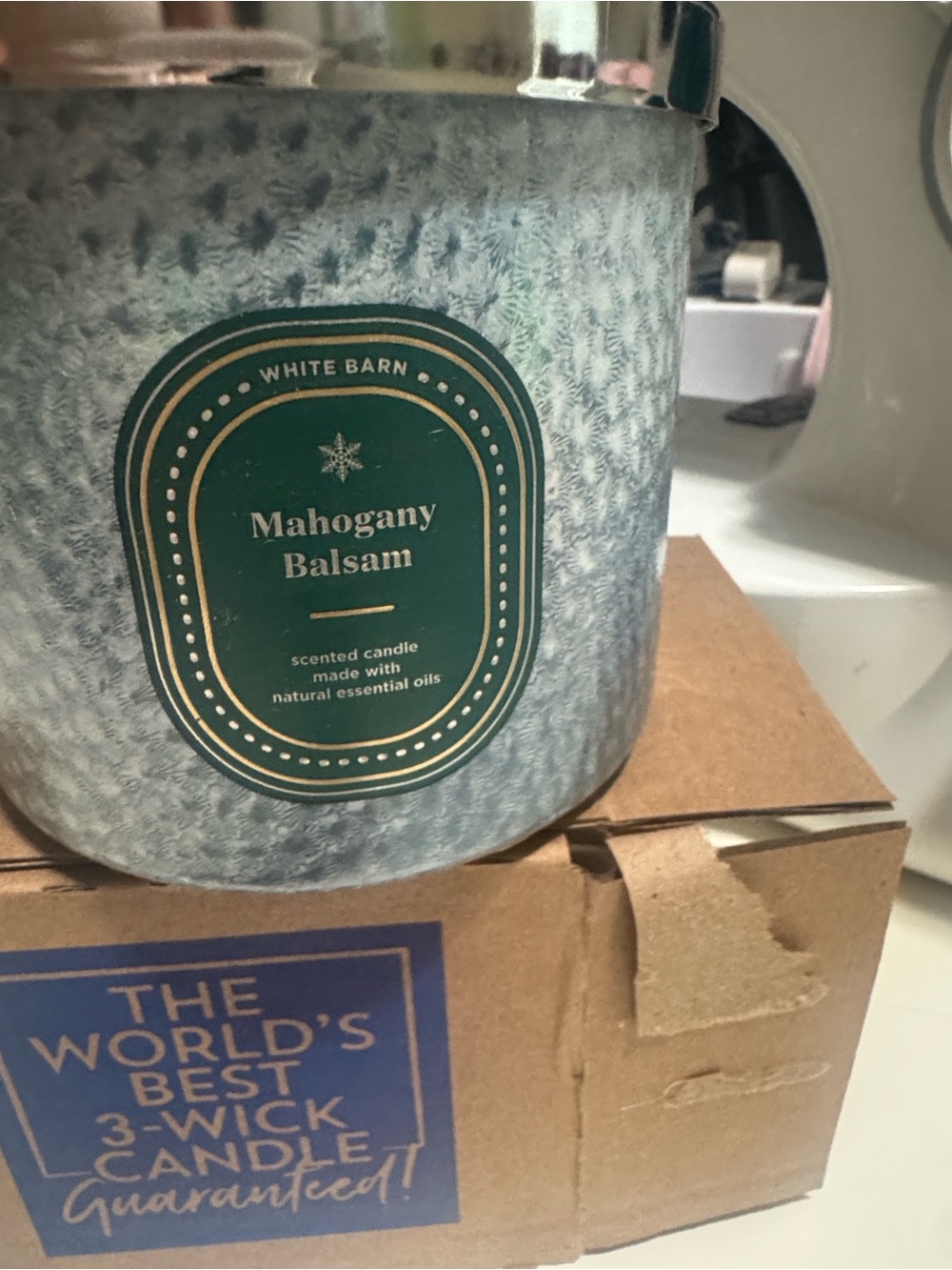 New Bath & Body White Barn Mahogany Balsam 3-Wick Candle - Blue Gray Jar 14.5 oz